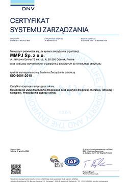 Certyfikat systemu zarządzania DNV dla agencji celnej MMPJ